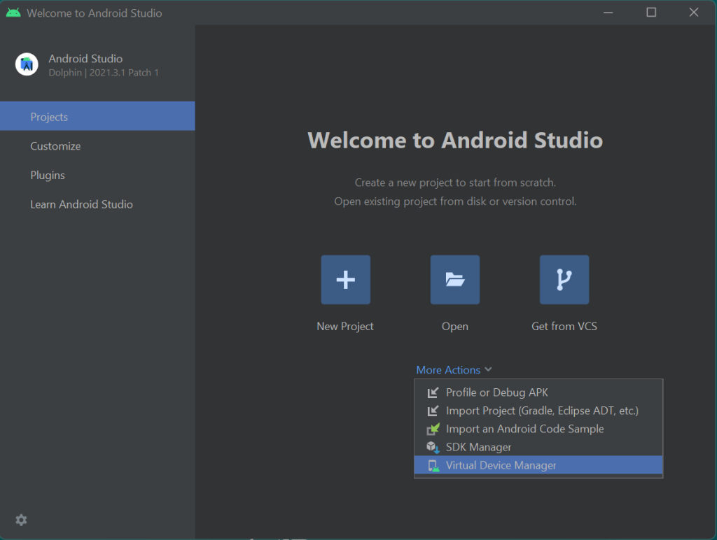 Open Virtual Device Manager from the Android Studio main screen