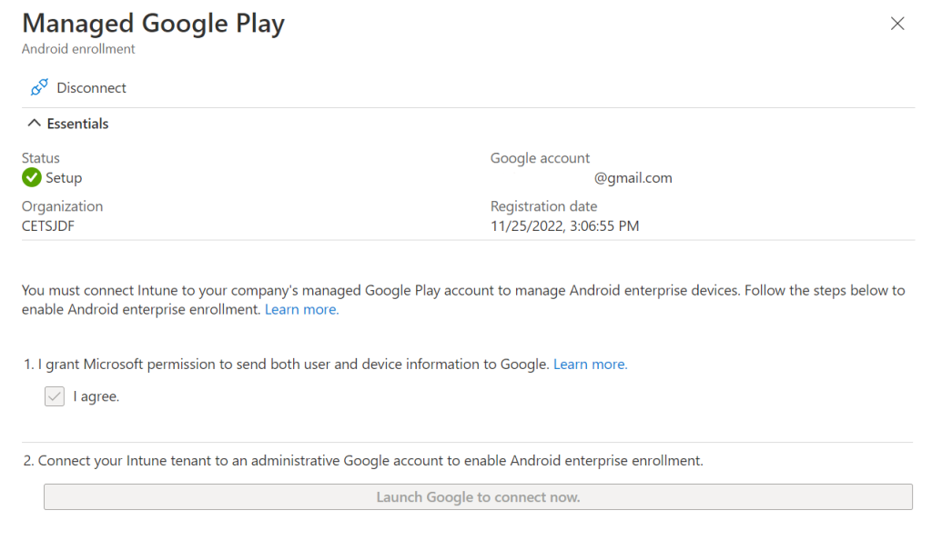 Managed Google Play connection